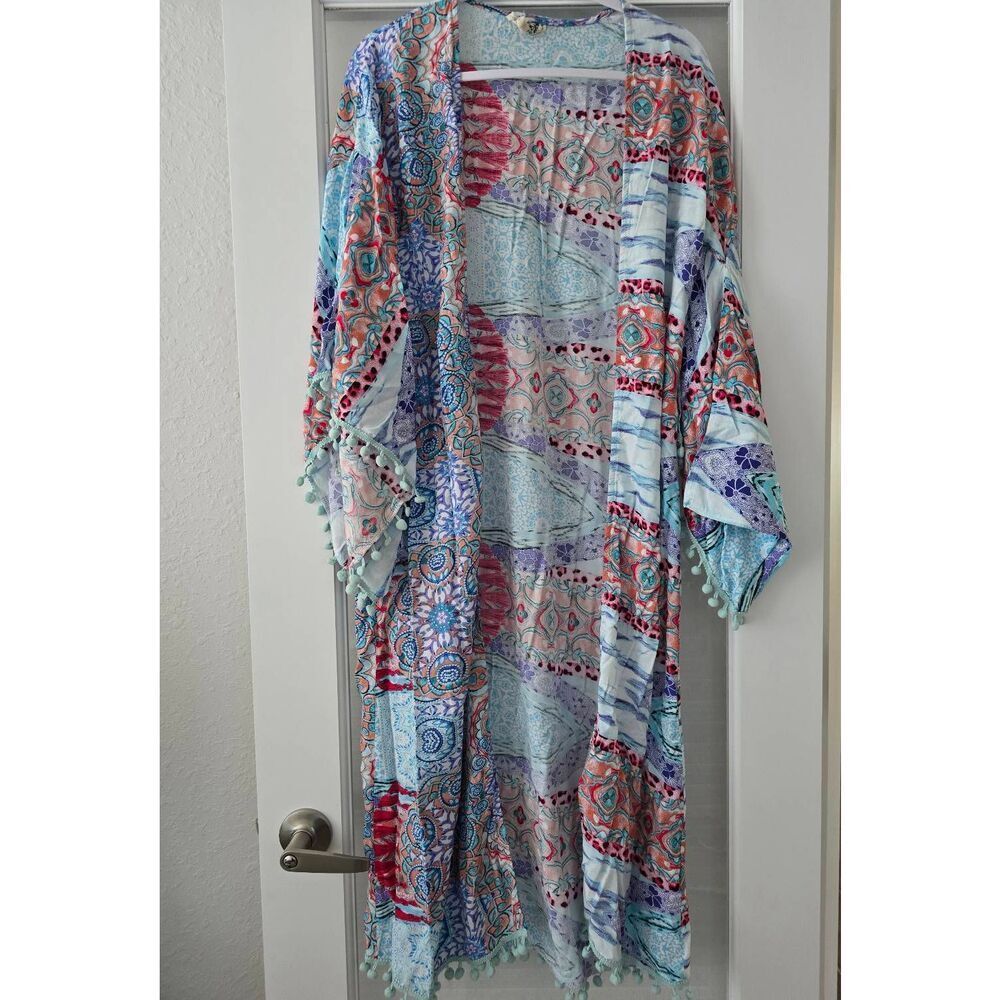 Women's Jaase Long Open Front Kimono Swim Cover Up Boho Size‎ Medium/Large Blues